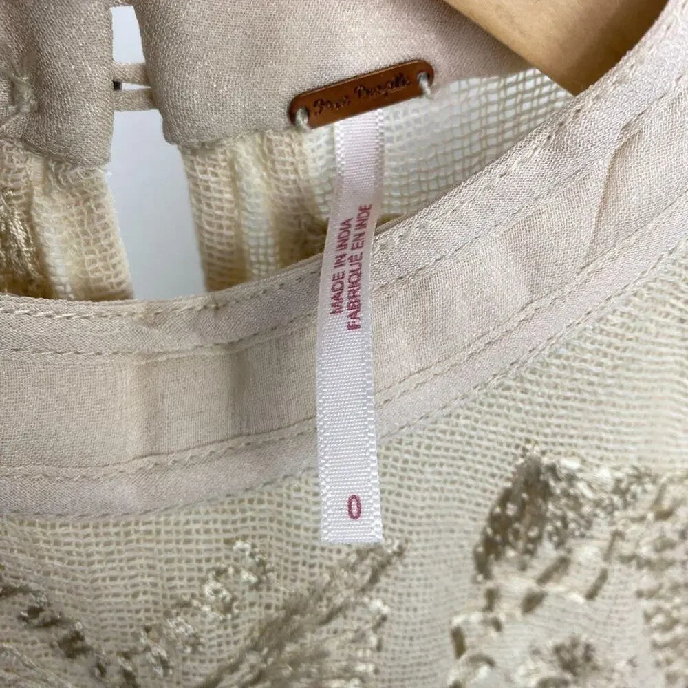 Free People Mini Boho Dress Women Size 0 Cream Embroidered Witch‎ Fairy Concert